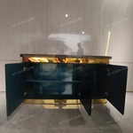 Three-Door Sideboard with Dark Blue High-Gloss Lacquer Panels Gold Metal Trim Natural Marble Top and Polished Gold Stainless Steel Base